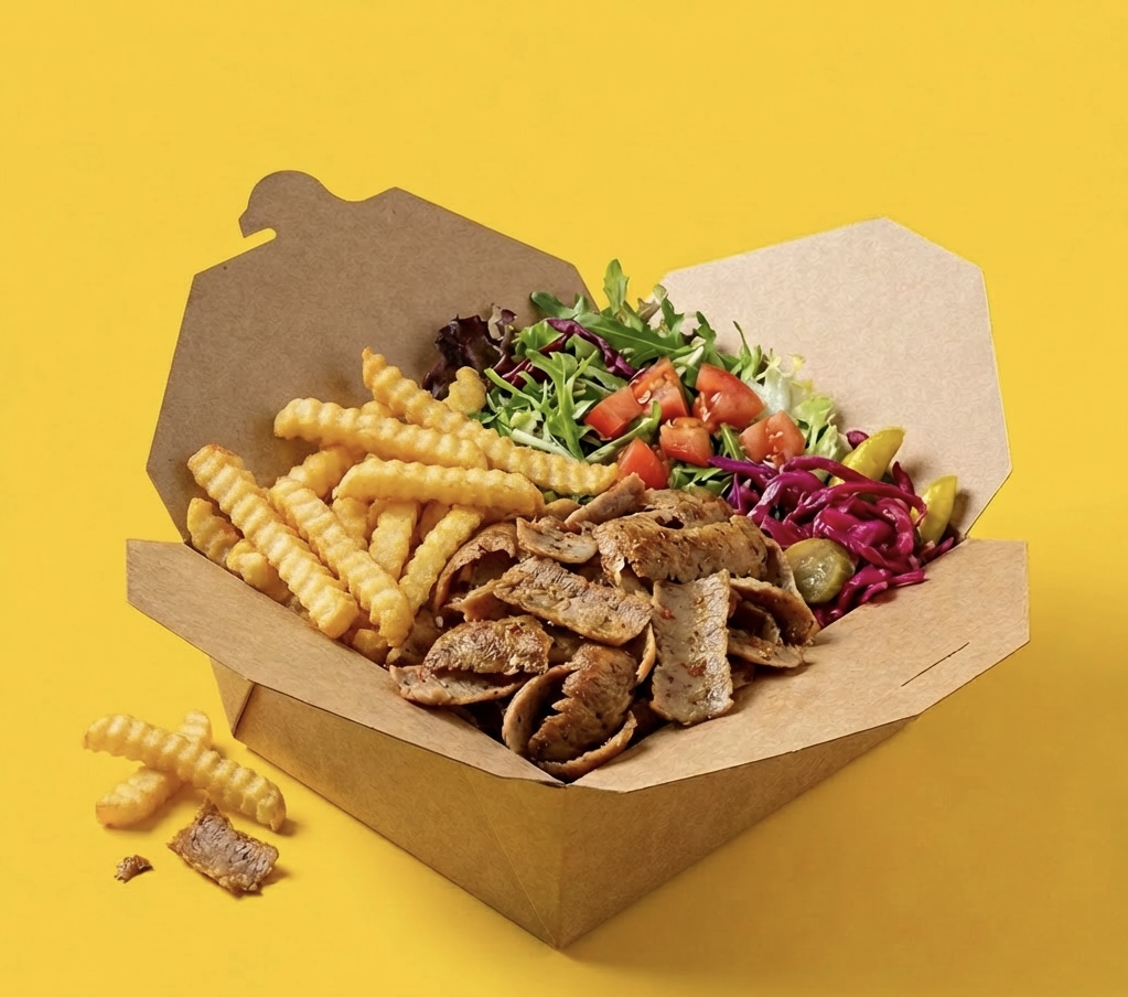 Doner box with crinkle fries and fresh salad