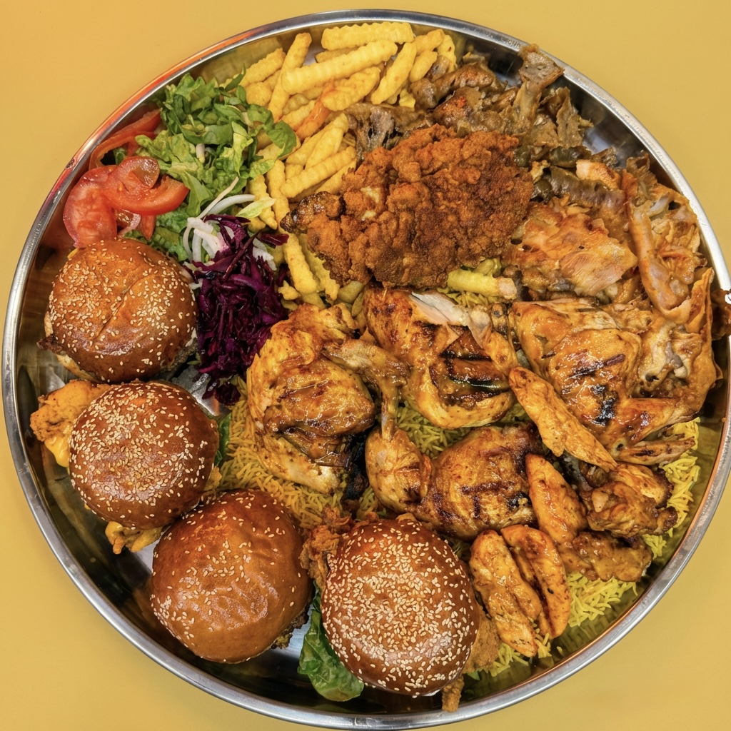 Urban Grill sharing feast – grilled chicken, burgers, doner, loaded fries and sides