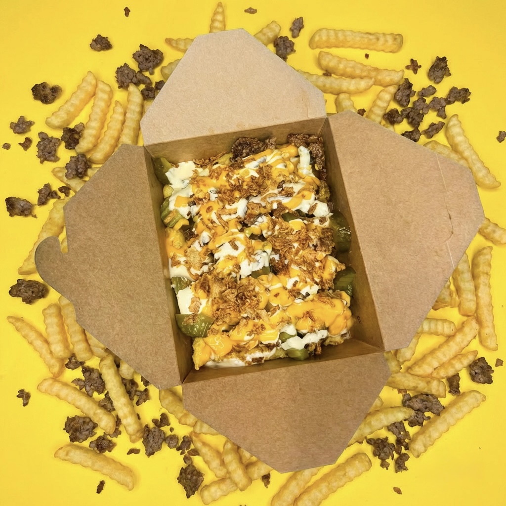 Smashin beef loaded crinkle fries with cheese and crispy onions